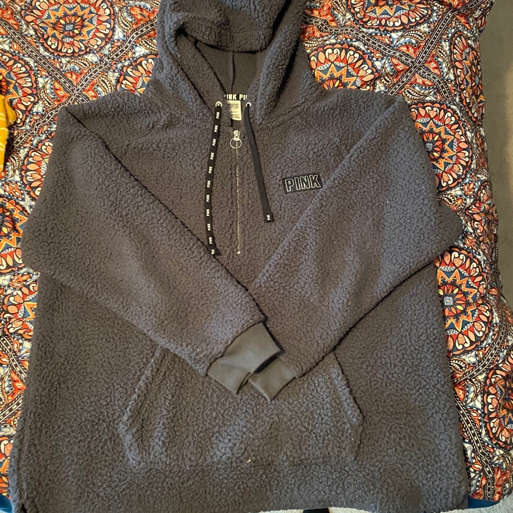 two sherpa hoodies - VS Pink - gray & olive